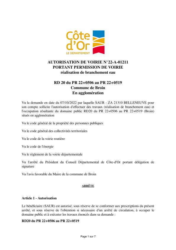 AUTORISATION DE VOIRIE N°22-A-01211 PORTANT PERMISSION DE VOIRIE réalisation de branchement eau RD 20 du PR 22+0506 au PR 22+0519 Commune de Broin En agglomération